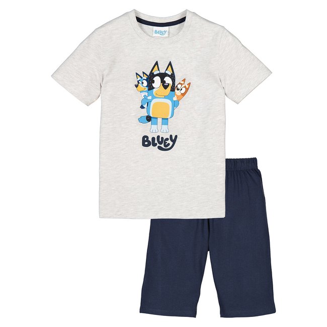 Cotton Short Pyjamas, grey marl/navy blue, BLUEY