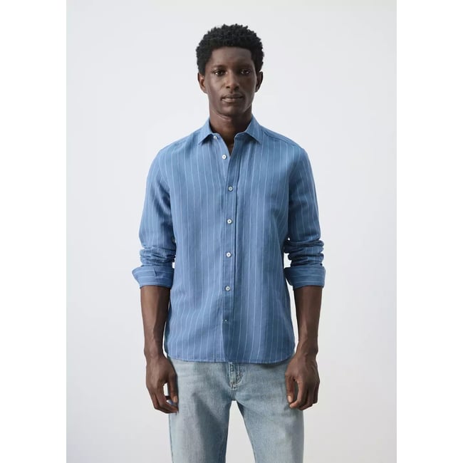 Chemise regular-fit lin coton rayures bleu encre <span itemprop=