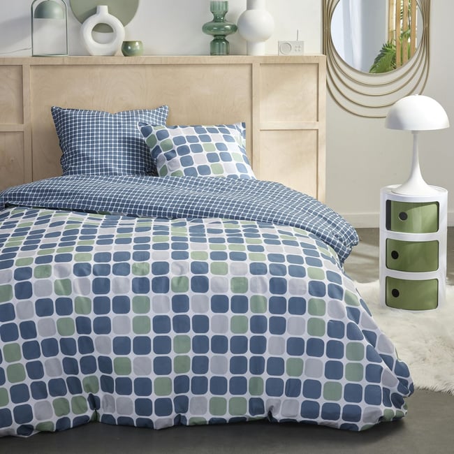 Parure de lit imprimé A pois Coton SUNSHINE HORTENSE bleu <span itemprop=
