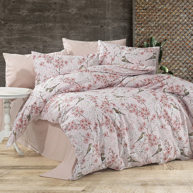 Parure housse de couette 100% coton 57 fils imprimé Petalla rose rose <span itemprop=