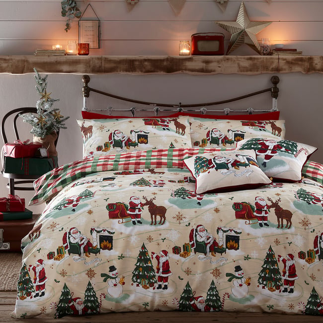 Jolly Santa Cotton Mix Duvet Cover and Pillowcase Set, multi-coloured, FURN.
