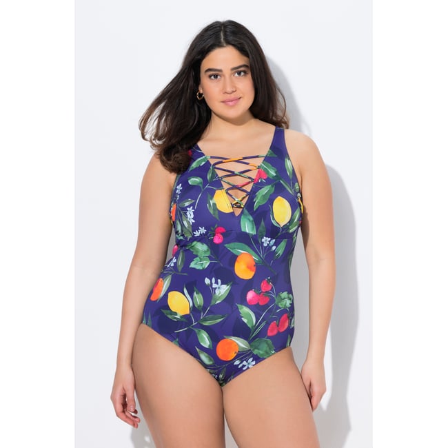 Maillot de bain, motif fruits bleu nuit <span itemprop=