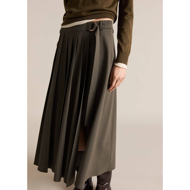 Jupe plissée ceinture kaki <span itemprop=