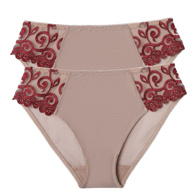 Lot de 2 Slips en tulle uni et tulle brodé Lyssa beige/rouge <span itemprop=