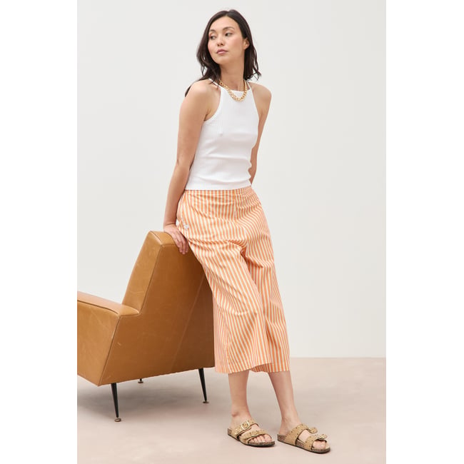 Pantalon large taille haute 3/4 en coton orange abricot <span itemprop=