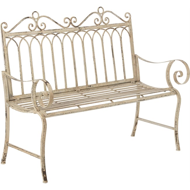 Banc en métal esprit romantique blanc cassé patiné <span itemprop=