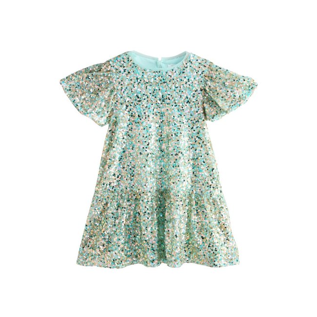 Robe de soirée à sequins/basque/manches ange vert menthe <span itemprop=