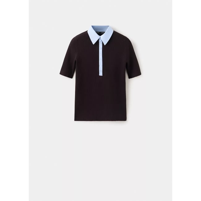 Pull en maille côtelée col contrasté chocolat <span itemprop=