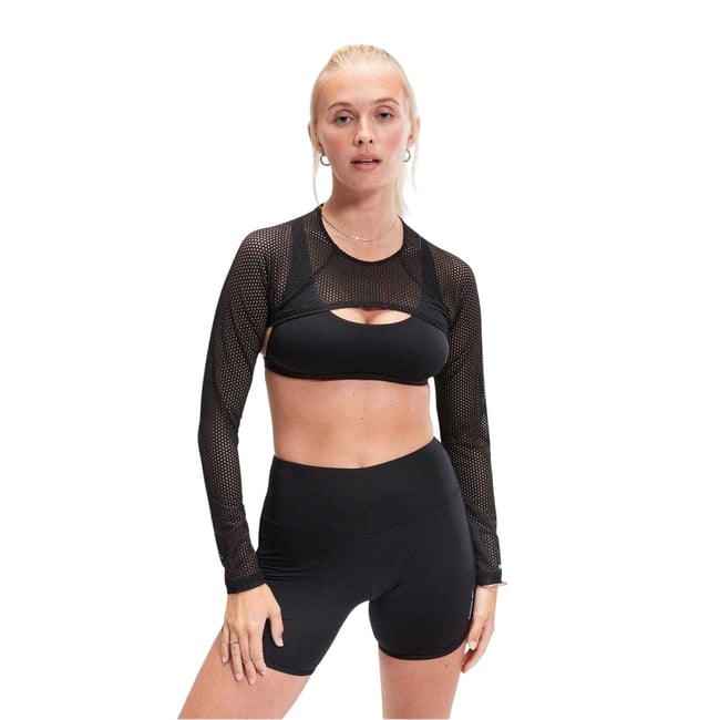 Haut de sport court et cintré en maille à manches longues multicolore <span itemprop=