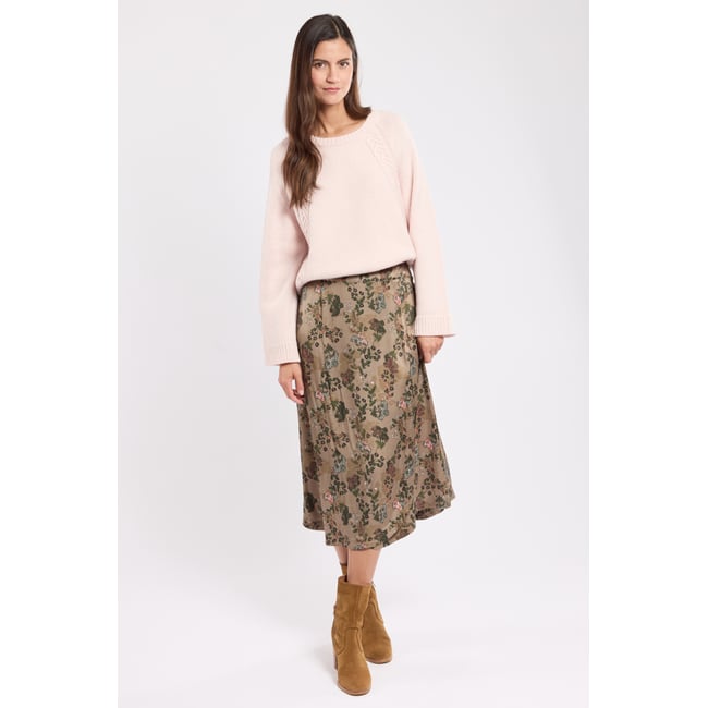 Jupe imprimée en cupro KATELL gypsophile marron poudré <span itemprop=
