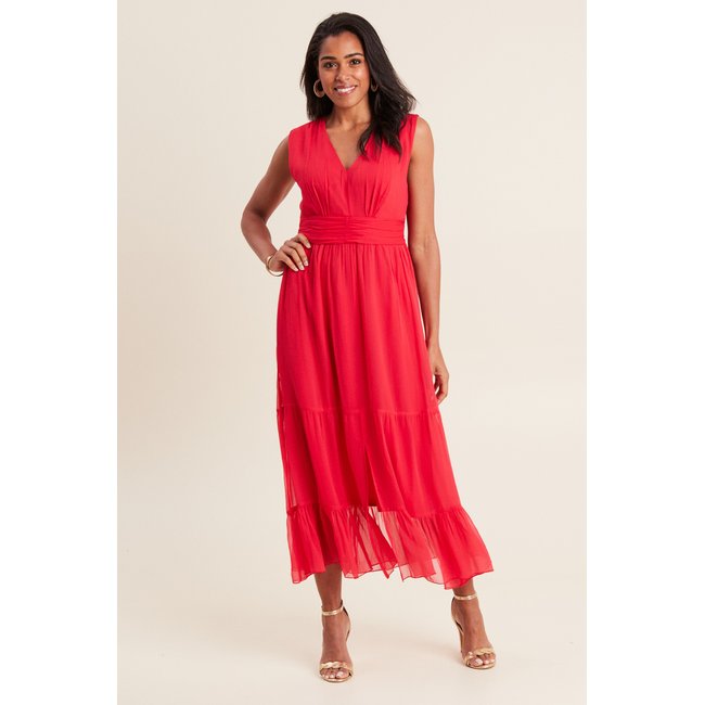Robe longue évasée volants rouge <span itemprop=