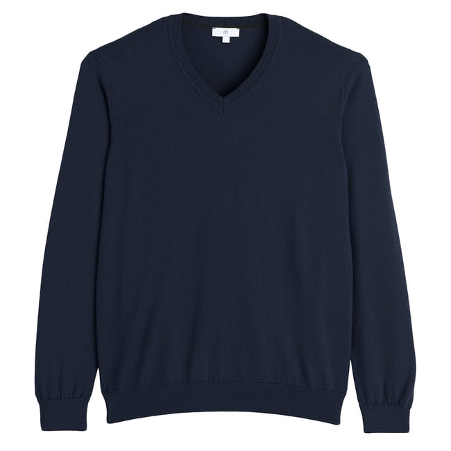 Pull col V en mérinos bleu marine <span itemprop=
