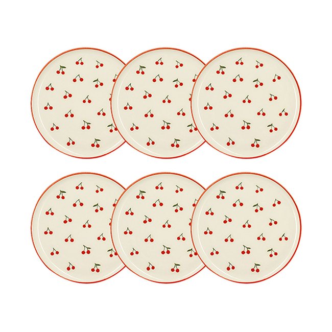 Lot de 6 assiettes plates 26cm en grès, CERISE Couleur beige et rouge <span itemprop=
