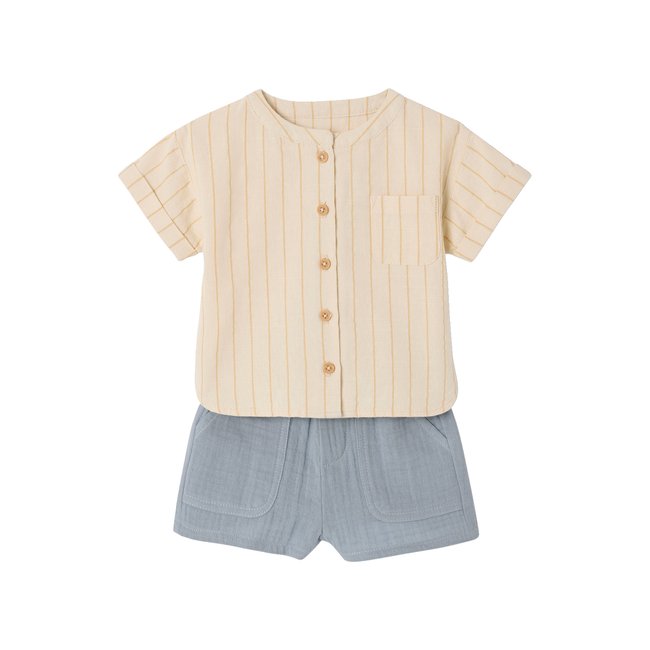 Ensemble chemise rayée effet lin + short en gaze bleu grisé <span itemprop=