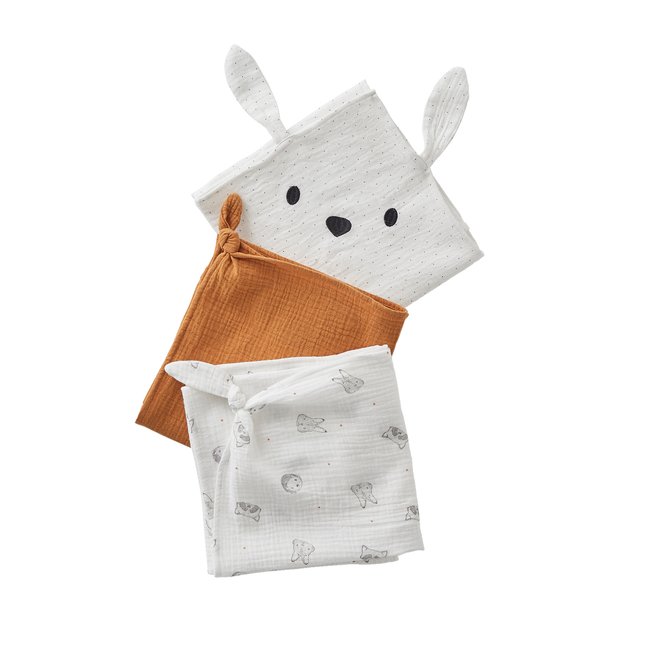Lot de 3 langes JOUY STORY en gaze de coton bio* 2 écrus imprimés + 1 uni caramel <span itemprop=