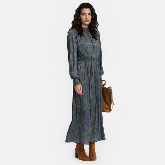 Robe longue, manches longues, imprimé cachemire imprimé fond kaki <span itemprop=