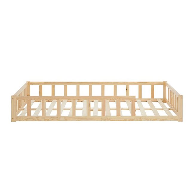 Lit Montessori 120x200 cm en bois massif naturel avec barrières Couleur beige <span itemprop=
