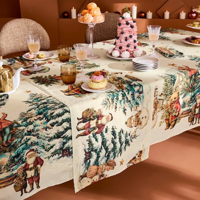Chemin de table lin & coton lavé BONHOMMES DE NEIGE vintage <span itemprop=