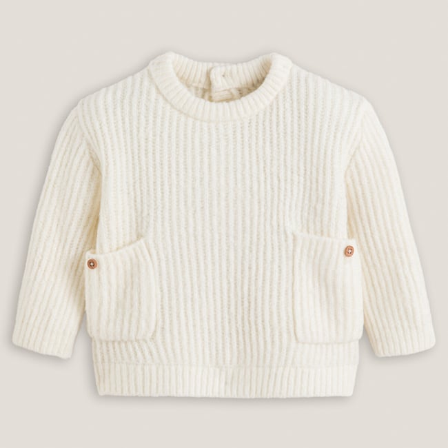 Pull col rond en grosse maille ecru <span itemprop=