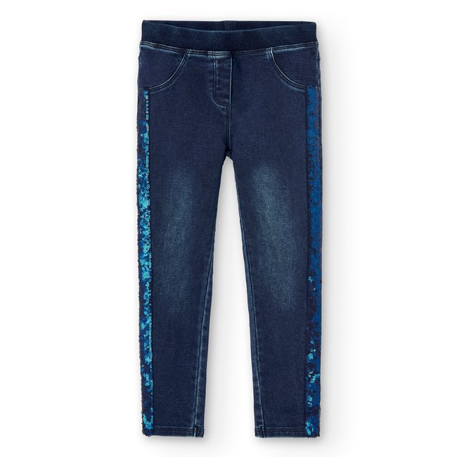 Jean avec bandes latérales en sequins et taille élastique bleu <span itemprop=
