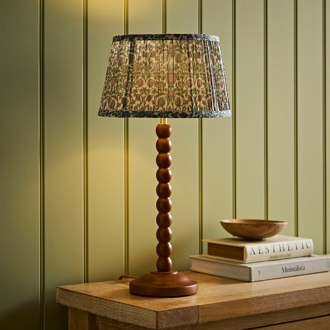 Bobbie Walnut Bobbin Table Lamp with Floral Pleated Shade, green, SO'HOME