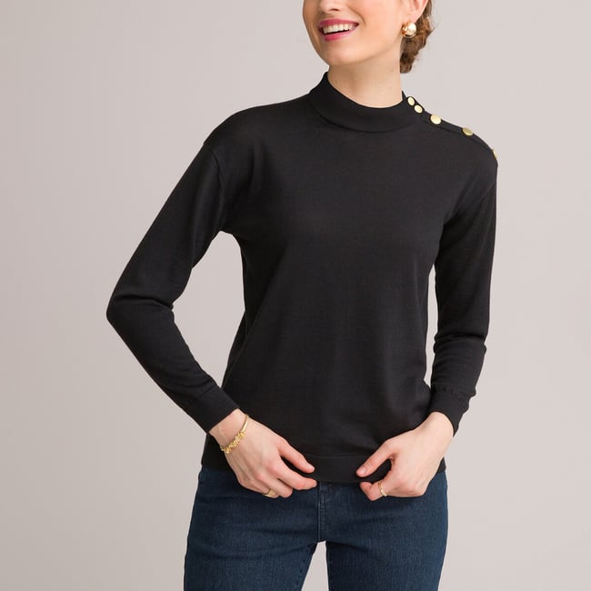 Pull col montant, fine maille, laine mélangée  noir <span itemprop=