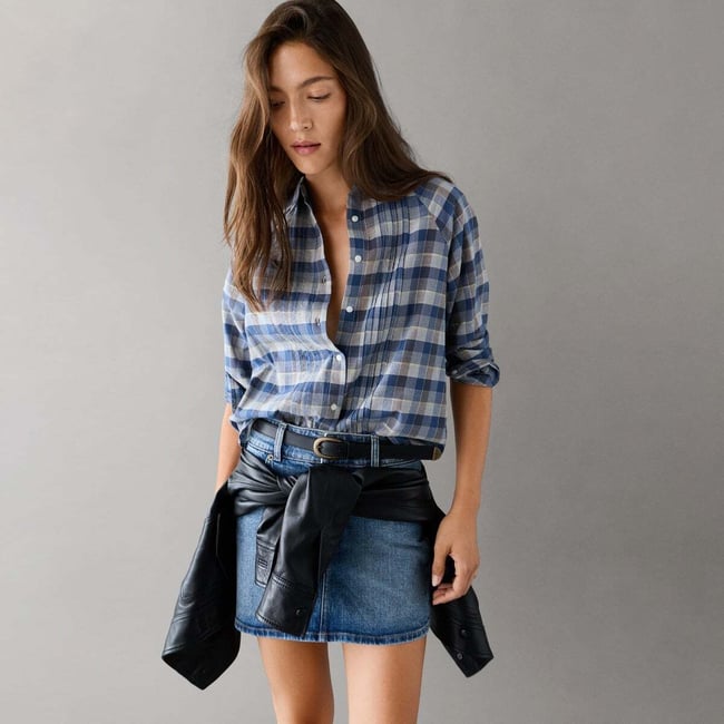 Chemise À Carreaux À Manches Raglan bleu acier <span itemprop=