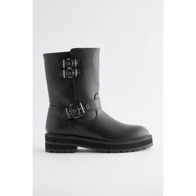 Bottines motard à boucle bout rond noir <span itemprop=