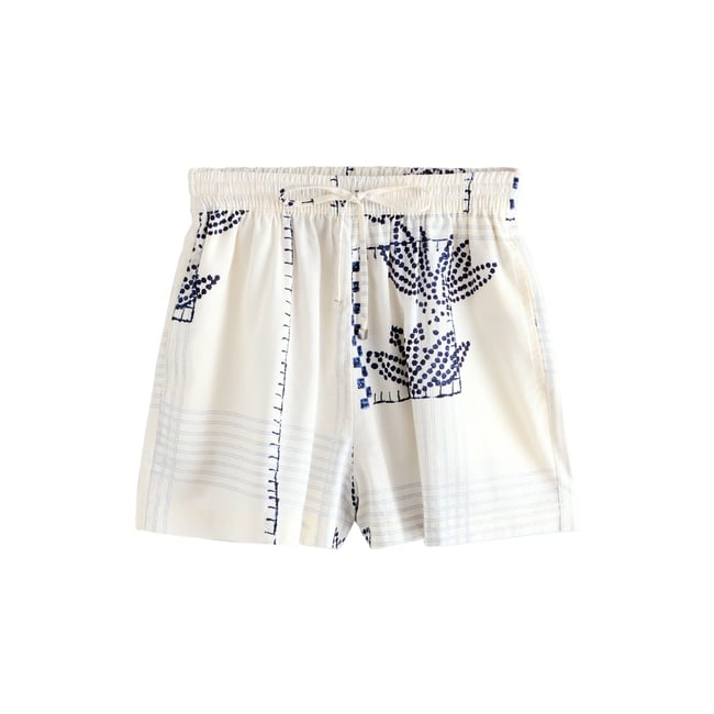 Short en lin mélangé palmier écru/marine <span itemprop=
