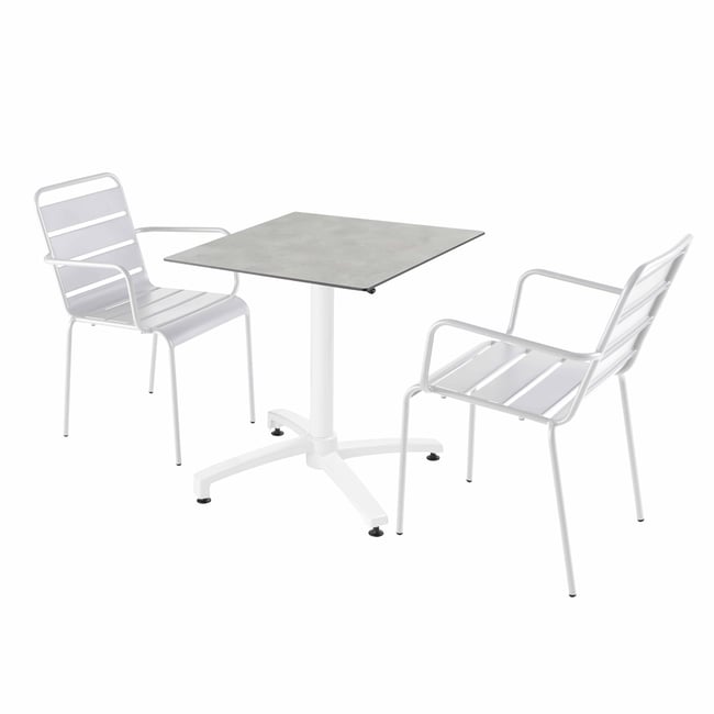 Table en HPL inclinable pied blanc et 2 chaises en métal, OPERA béton gris clair <span itemprop=