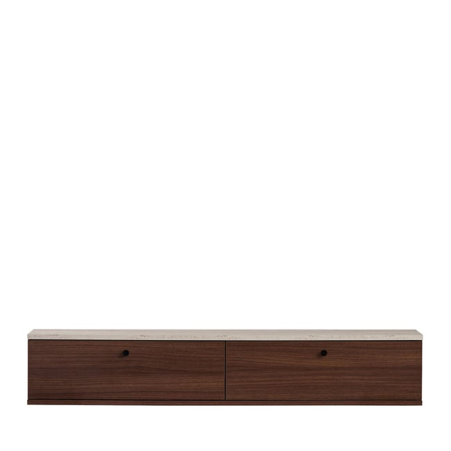 Meuble tv suspendu 2 portes en bois et effet travertin L140cm- YARA Couleur bois foncé <span itemprop=