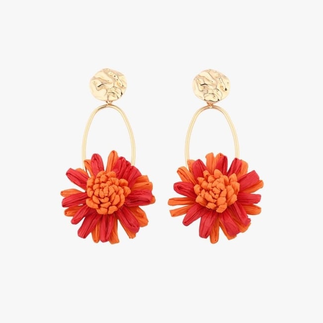 Boucles d'oreilles fleur en raphia rouge et orange orange <span itemprop=