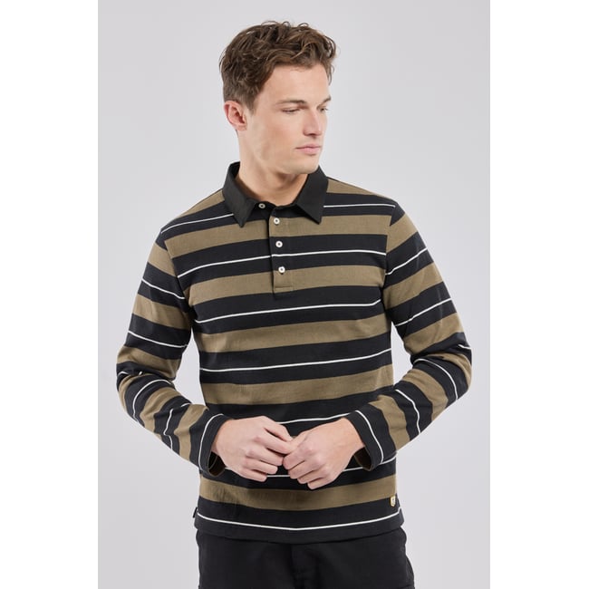 Polo rayé - fil Open-End en coton pour homme noir/olive/milk <span itemprop=