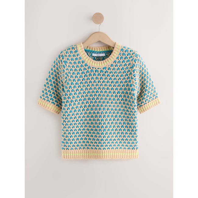 T-shirt en maille à manches courtes laine bleu/naturel <span itemprop=