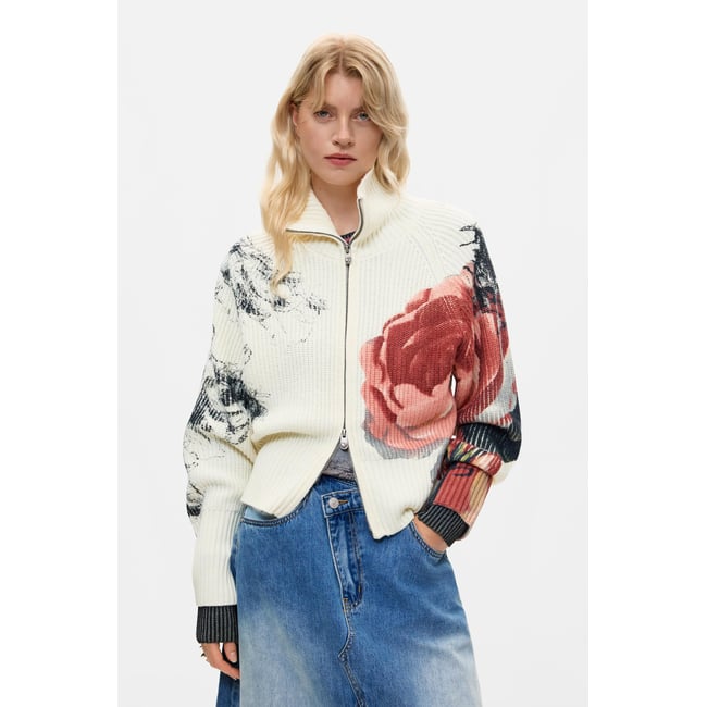 Veste en maille à motif floral beige <span itemprop=