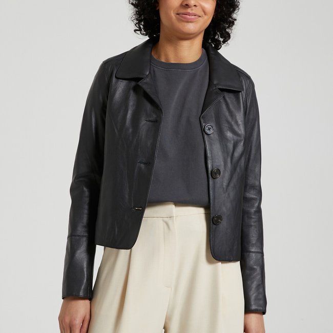 Lexia Leather Short Jacket with Tailored Collar and Button Fastening, black, OAKWOOD