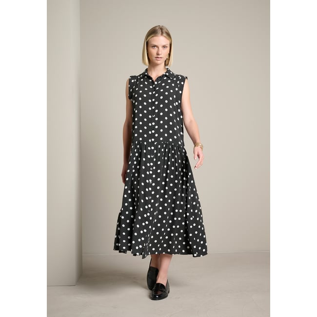 Robe chemise midi à pois noir <span itemprop=