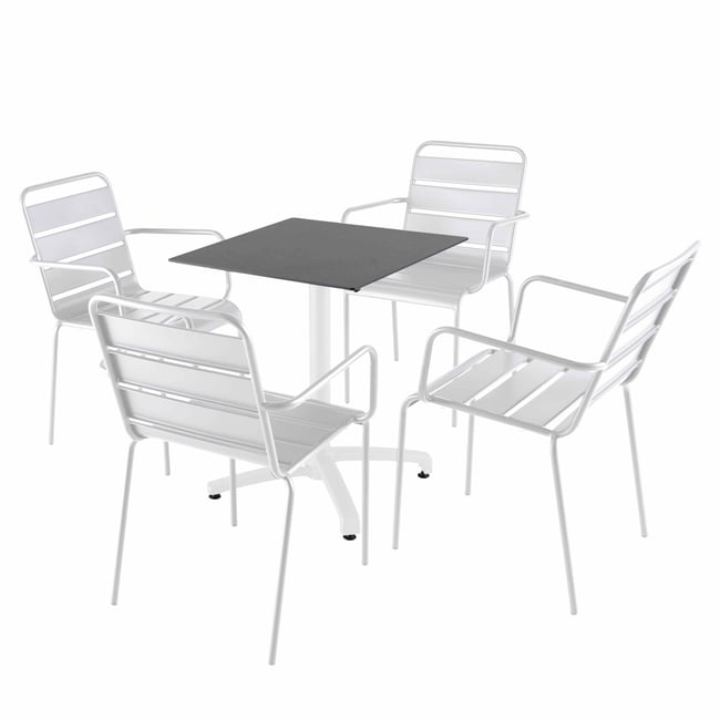Table 60x60 cm inclinable stratifiée avec pied blanc et chaises en métal, OPERA blanc <span itemprop=