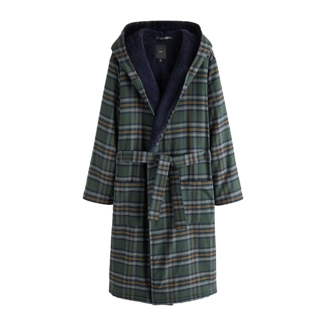 Robe de chambre à carreaux et doublure peau lainée vert <span itemprop=
