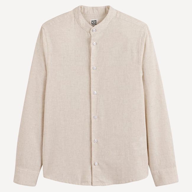 Chemise col mao, coton/lin  beige <span itemprop=