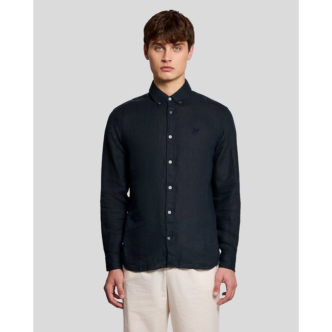 Chemise en lin boutonné noir carbone <span itemprop=