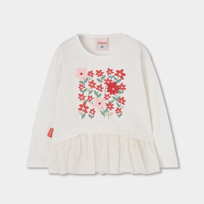 T-shirt en maille fille imprimé fleurs tulle blanc <span itemprop=