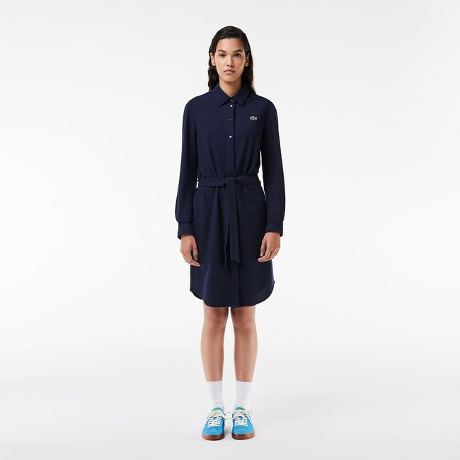 Vestido cintado, em piqué regular marinho <span itemprop=