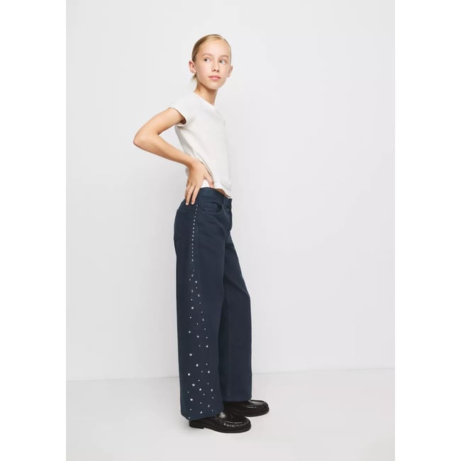 Jean style jupe-culotte strass bleu marine <span itemprop=