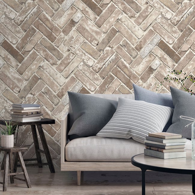 Papier peint trompe l'œil brique chevron Couleur gris <span itemprop=