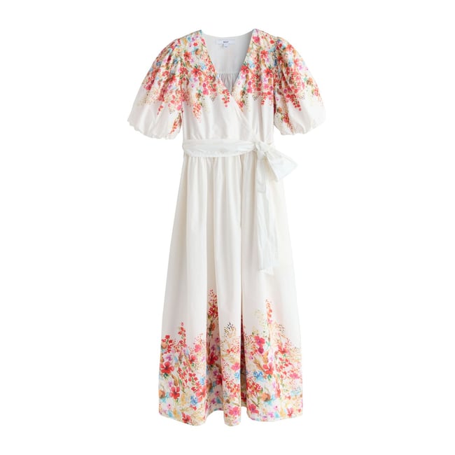 Robe mi-longue à manches bouffantes courtes imprimé floral blanc <span itemprop=
