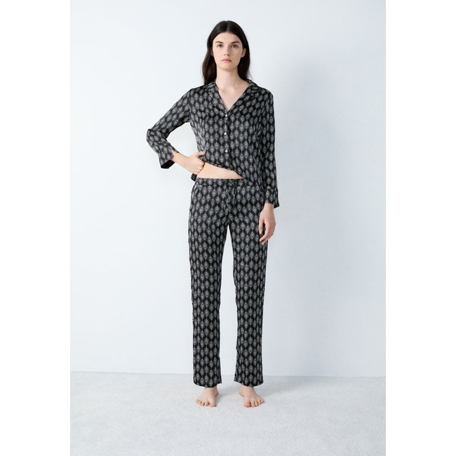 Pantalon de pyjama satiné imprimé NEX imp fd noir <span itemprop=