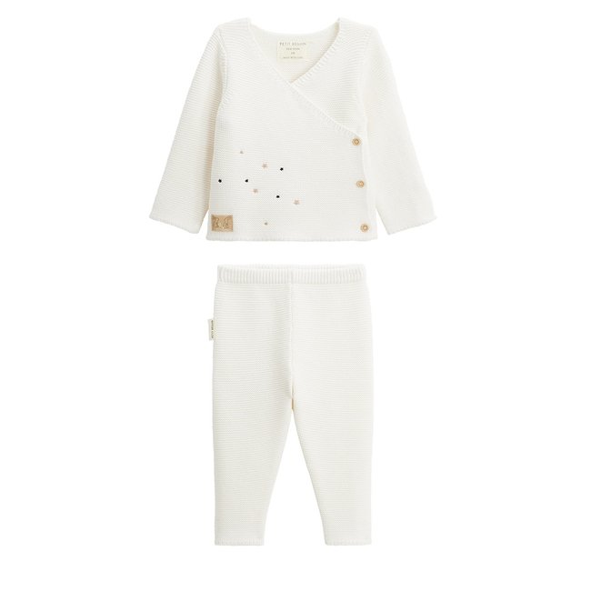Ensemble gilet et pantalon bébé en tricot Hello Baby ecru <span itemprop=