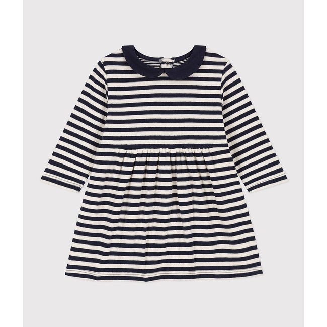 Langärmeliges Kleid aus gestreiftem Jersey ecru/marine <span itemprop=