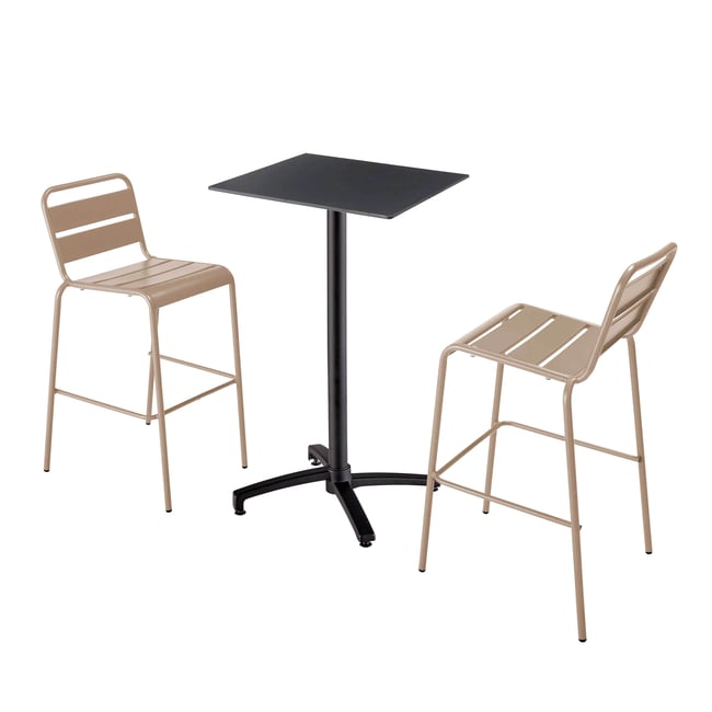 Table haute en HPL inclinable et 2 chaises hautes en métal, OPERA taupe <span itemprop=